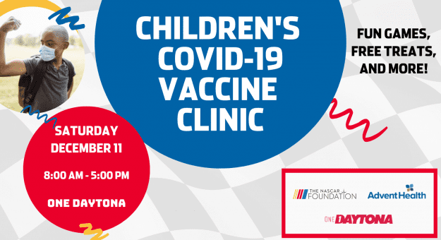 Visit AdventHealth, The NASCAR Foundation and ONE DAYTONA partner to provide kid friendly COVID-19 vaccine opportunity page